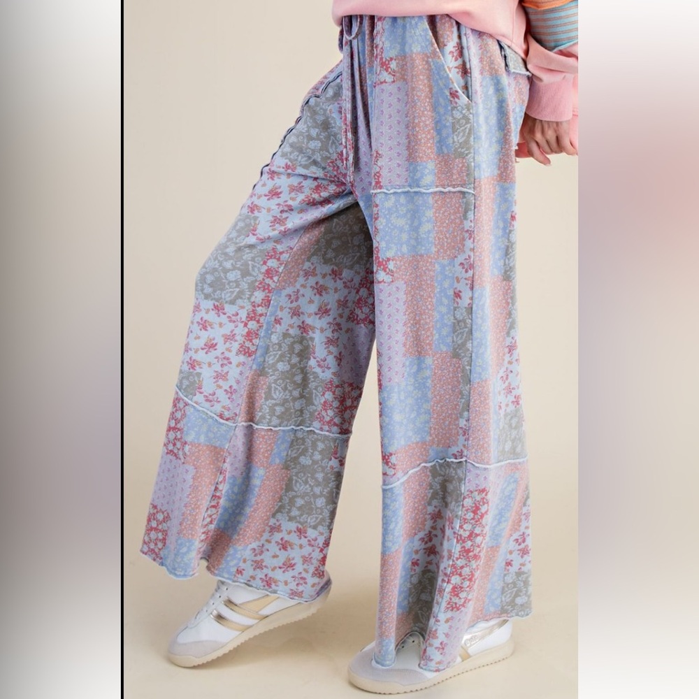 Easel Patchwork Print Wide-Leg Pants - Blue Multi - Picture 2 of 5